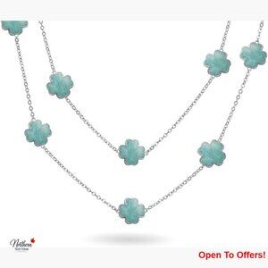 Long Rhodium Plated Brass Enamel Clover Necklace 40 Inch Chain
